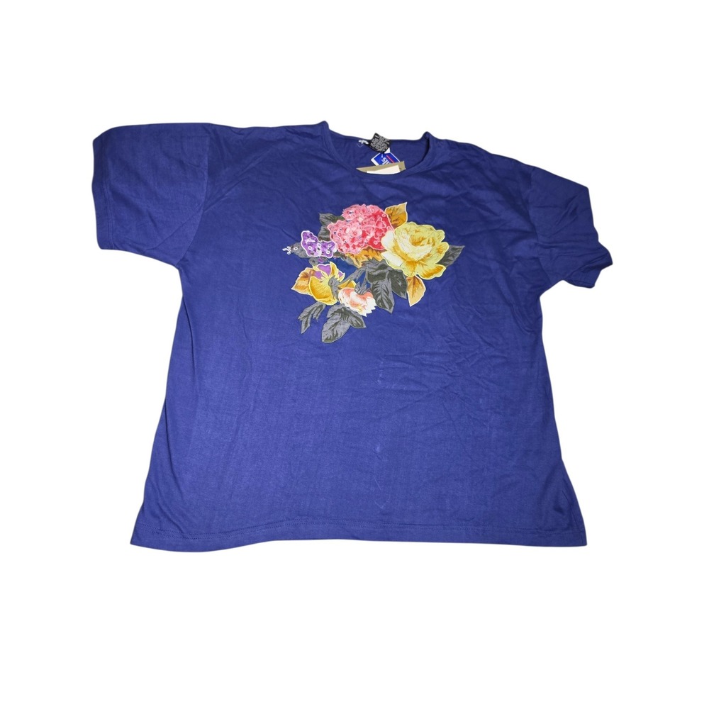 Vintage Alyssa Brooke Blue Floral Applique T-Shirt 90s Deadstock 2X 42831 B